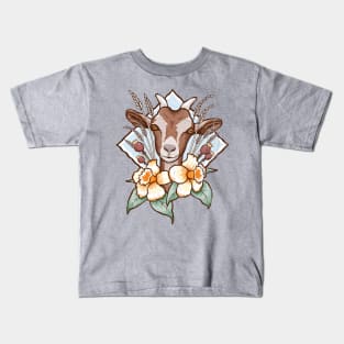 Cute Brown Goat Abstract Floral Design Kids T-Shirt